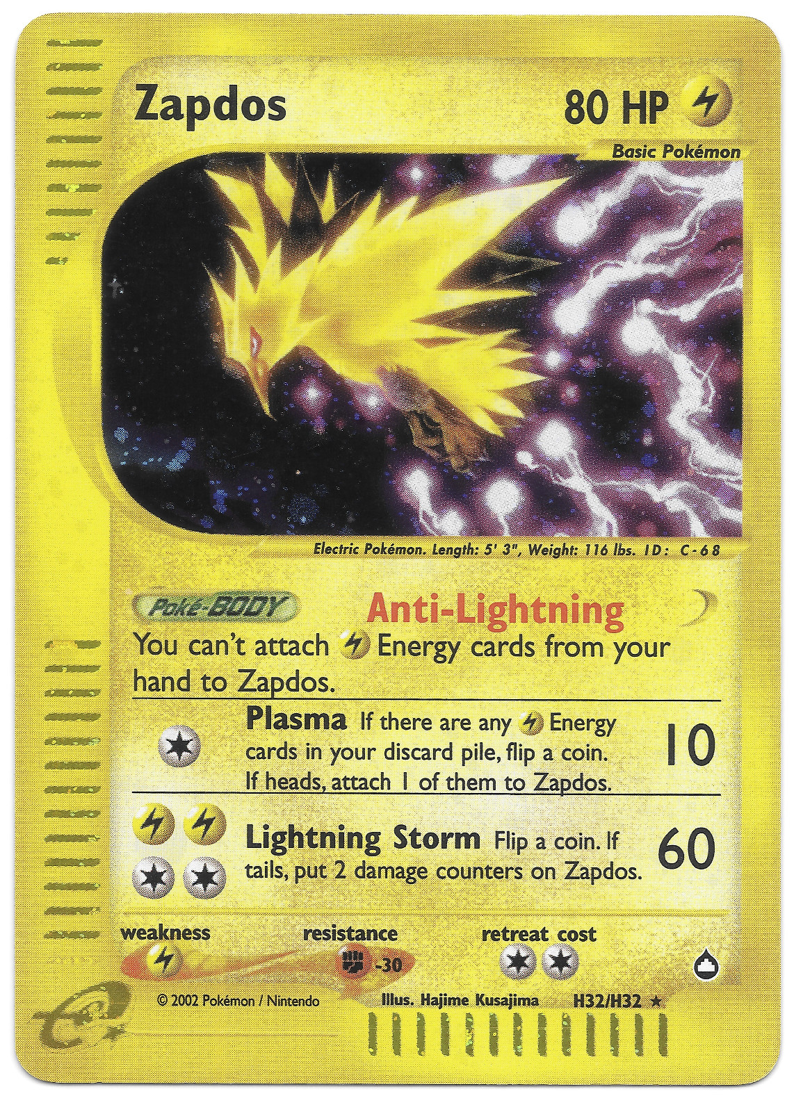 Lightly Played Zapdos - H32/H32 - Pokemon Aquapolis Holo Rare Card