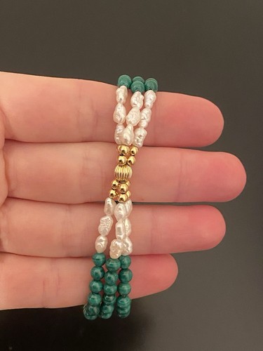 Lovely 14K Yellow Gold Malachite And Rice Pearl Bracelet, Size 7” - Picture 7 of 13