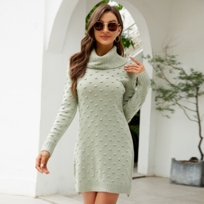 Women's Solid High Neck Long Sleeve Short Knitted Sweater Dress | eBay