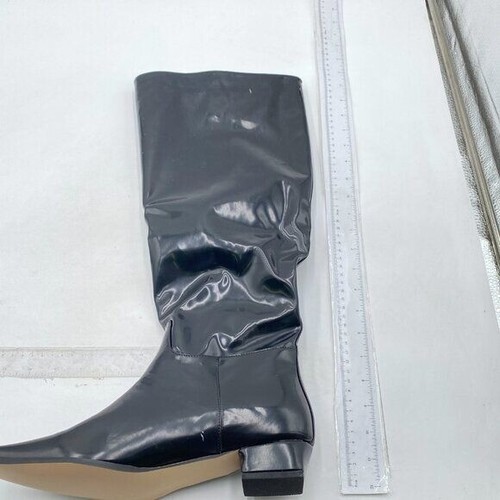 miss left Women Closed Square Toe Knee High Boot Wide Calf Low Chunky Heel Black - Picture 3 of 8