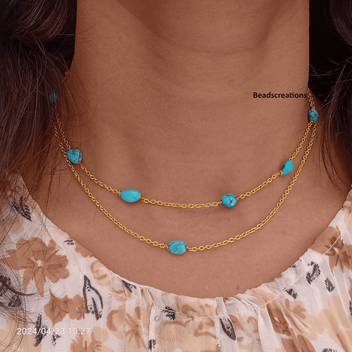 Duble Strand Turquoise Oval Beads Gold Chain Necklace Gift for Her - Picture 1 of 3
