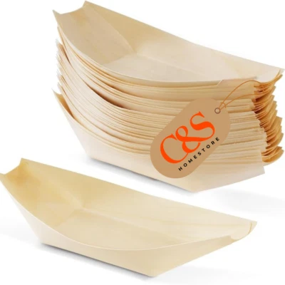 C&S HOMESTORE 50 x Bamboo Food Boats Catering Disposable Serving Trays Canapes - 4 Sizes