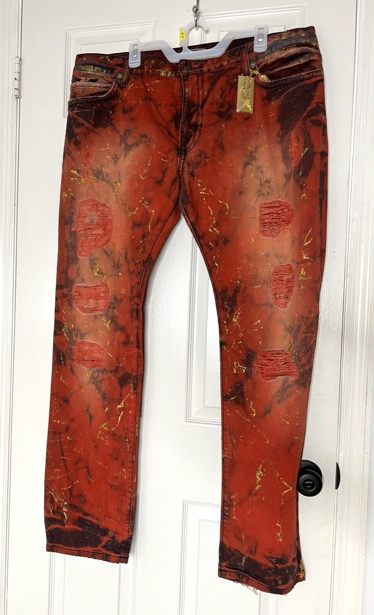 ロビン⭐　カーキ42 Robins Jeans Men's 42 Studded Long Flap Cardinal & Gold Acid Wash