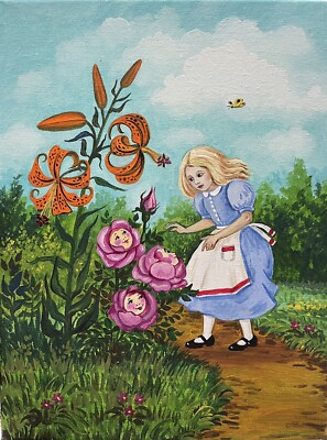 5x7 RYTA Alice In Wonderland Folk Art print of painting flowers garden rose  