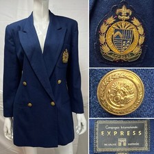 Express M Vintage 90s Y2k Navy Crest Gold Button Double Breasted Blazer Jacket