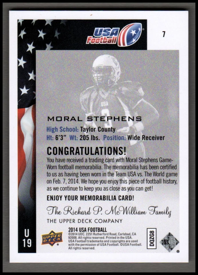 2014 Upper Deck USA Football Future Swatch #7 Moral Stephens Jersey - NM-MT - Image 2 of 2