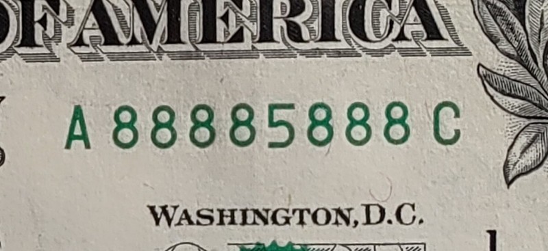 2013  $1     Binary Seven of a kind  "7-  EIGHTS"   Fancy Note 88885888  CRISP !