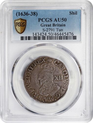 ENGLAND KING CHARLES I 1636-1638 1 SHILLING SILVER COIN, PCGS CERTIFIED AU50