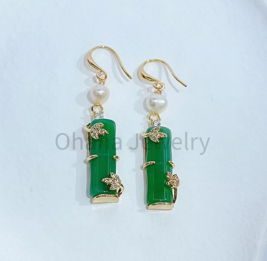 Brincos pendurados de gota de pérola de água doce de jade verde natural - Folhas de bambu - Imagem 2 de 3