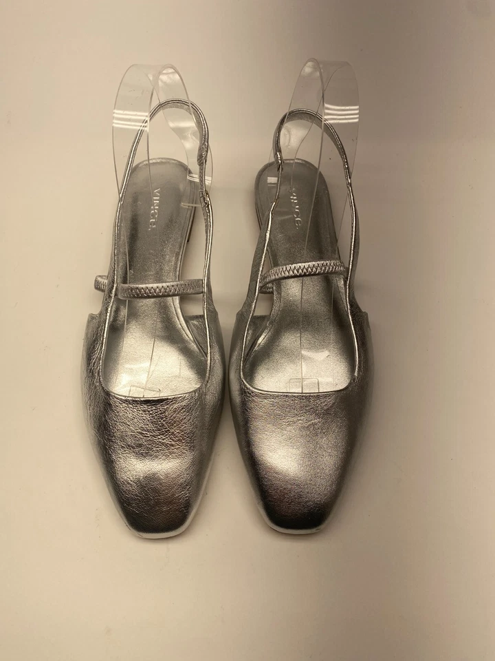 Vince Mujer Metálico Plateado Puntera Cuadrada Cuero Correas Planas Talla 9 Foto 2 de 4