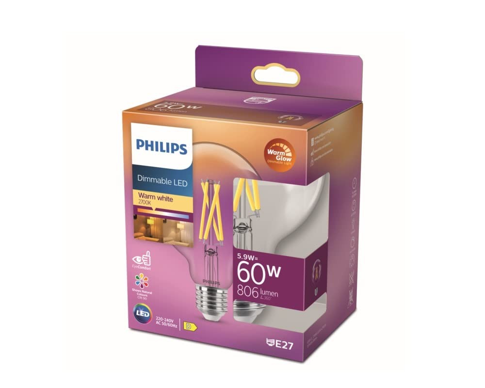 Ampoule LED globe E27 variateur lampe verre transparent blanc chaud 60W