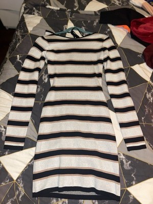 Fashion Nova Open Back Dress Black Brown and White Striped Size L NWT