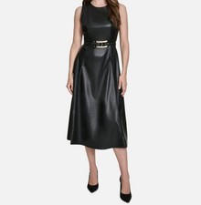 Halston Women's Black Faux-Leather Belted Sleeveless Midi Dress Size 4