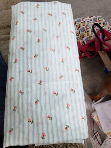 90's Pillow Ticking Style Fabric Cotton 44" X 93 1/2" Blue Stripe Pink Flowers