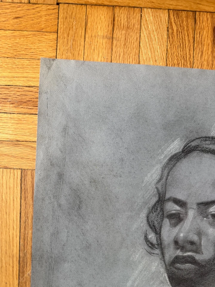 Vintage 1940's Young Black Woman Portrait Charcoal Drawing George Malick OOAK - Image 2 of 4