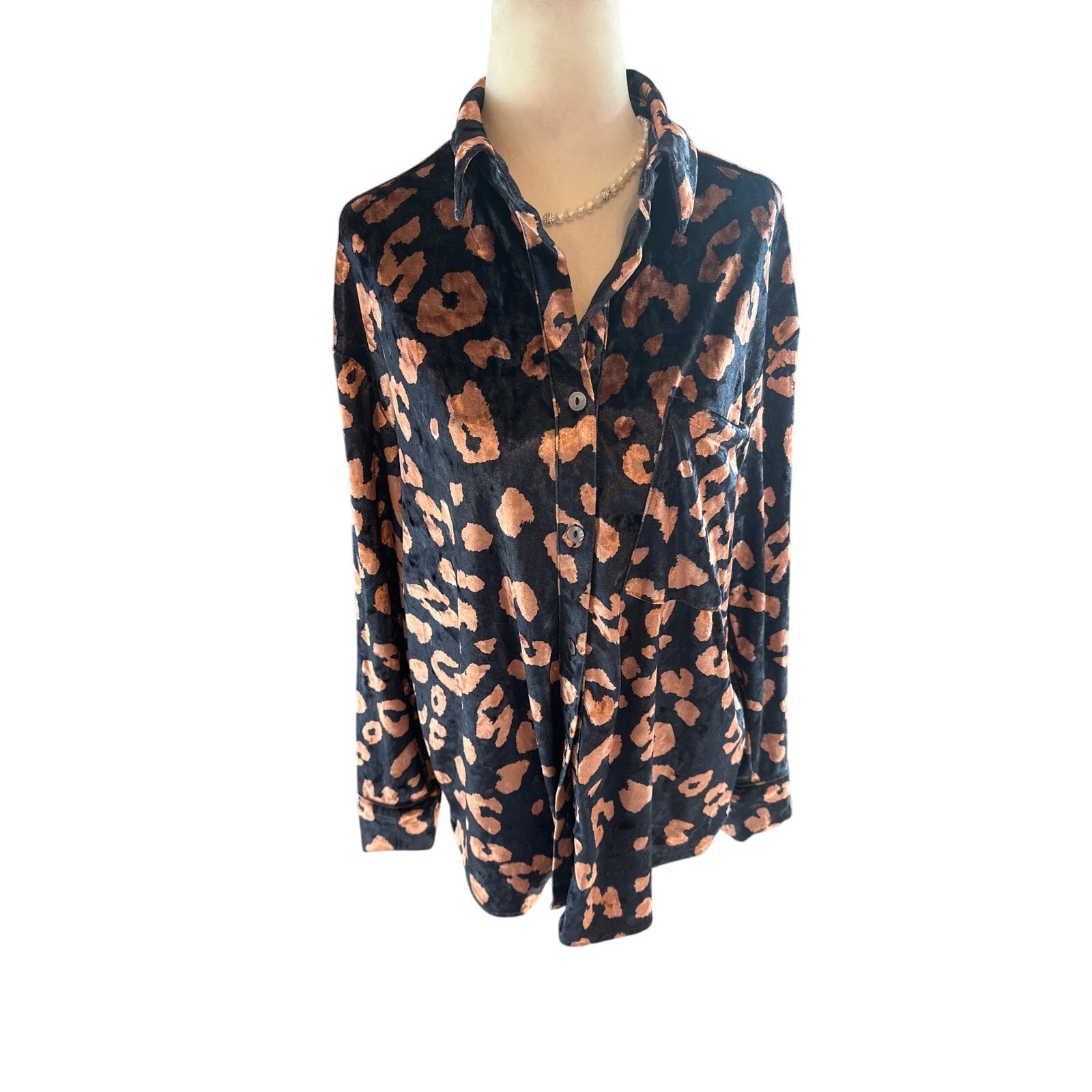 Entro Leopard Print Button Down Velvety Blouse - … - image 1