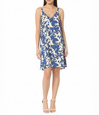 Blue & White Abstract Print V-Neck A-Line Slip Dress Sundress Size Large