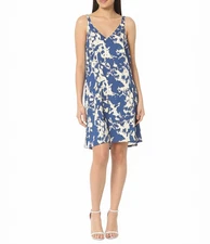 Blue & White Abstract Print V-Neck A-Line Slip Dress Sundress Size Large