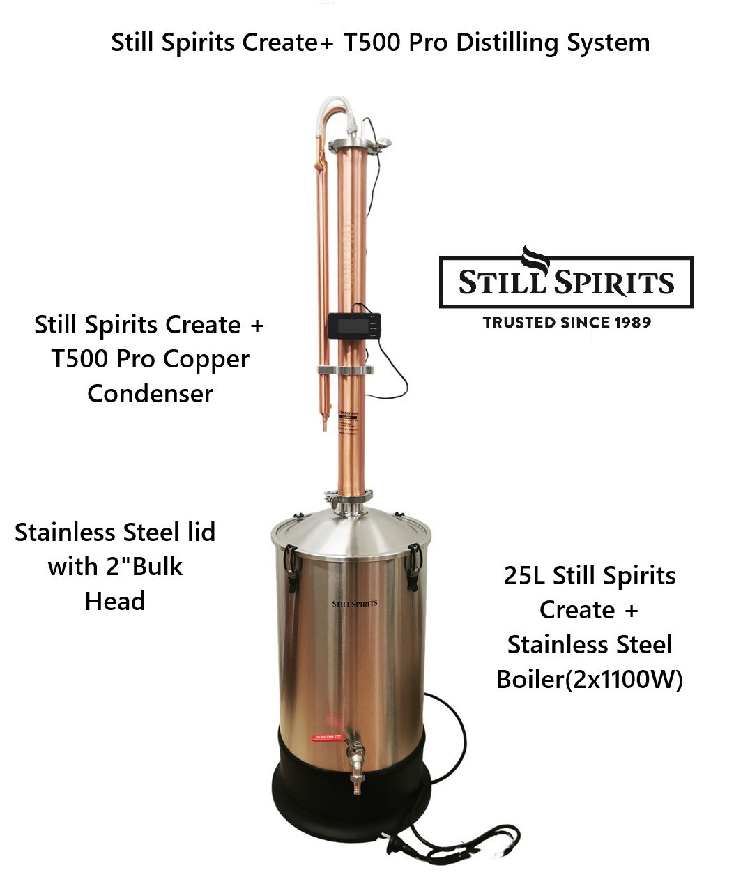 New Still Spirits 25L/240V/2200W Create+ T500 Pro Copper Reflux Distillery Kit
