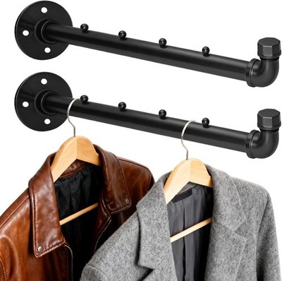 Wall Mounted Industrial Pipe Clothes Rack, Heavy Duty Metal Clothing Rod