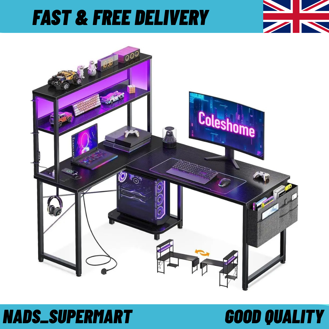 Coleshome L Shaped Gaming Desk LED Lights Power