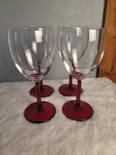 Vintage Ruby Red Stem Wine / Water Glasses - Set of 4 - 7" Tall