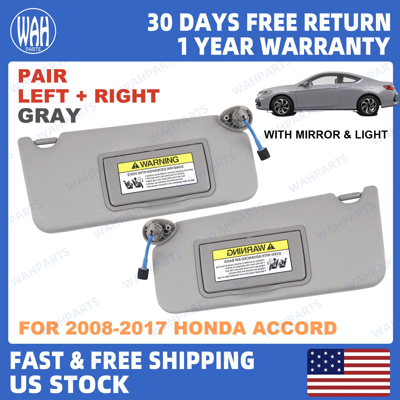 For 2008-2012 Honda Accord Gray Pair Sun Visor w/ Light & Mirror 83280TA5A51ZA