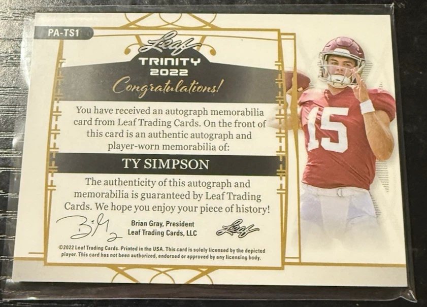 2022 Leaf Trinity Football Player Worn Patch Silver Foil Auto 61/99 Ty Simpson - Image 3 of 3