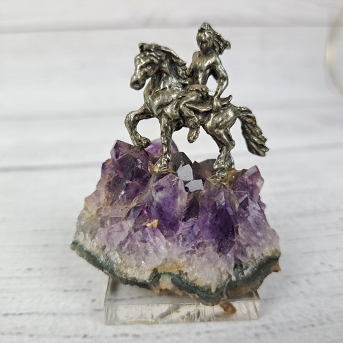 PEWTER INDIAN WITH HORSE ON PURPLE GEODE  - Picture 1 of 10