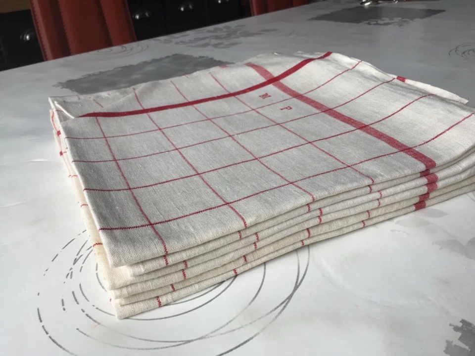 6 ANCIEN TORCHON LIN COTON BEIGE LITEAUX CROISES ROUGE ESSUIES VERRES 88 x66 - Photo 3/4