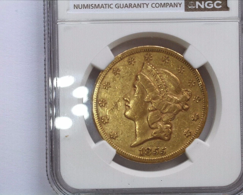 Raro 1855-S Tipo 1 $20 Ouro Liberty Double Eagle, NGC AU53, FAÇA-NOS UMA OFERTA - Imagem 2 de 3