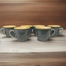 Olympia Kiln Set of 6 Pottery Espresso Coffee Cups Blue Brown Rim Never Used