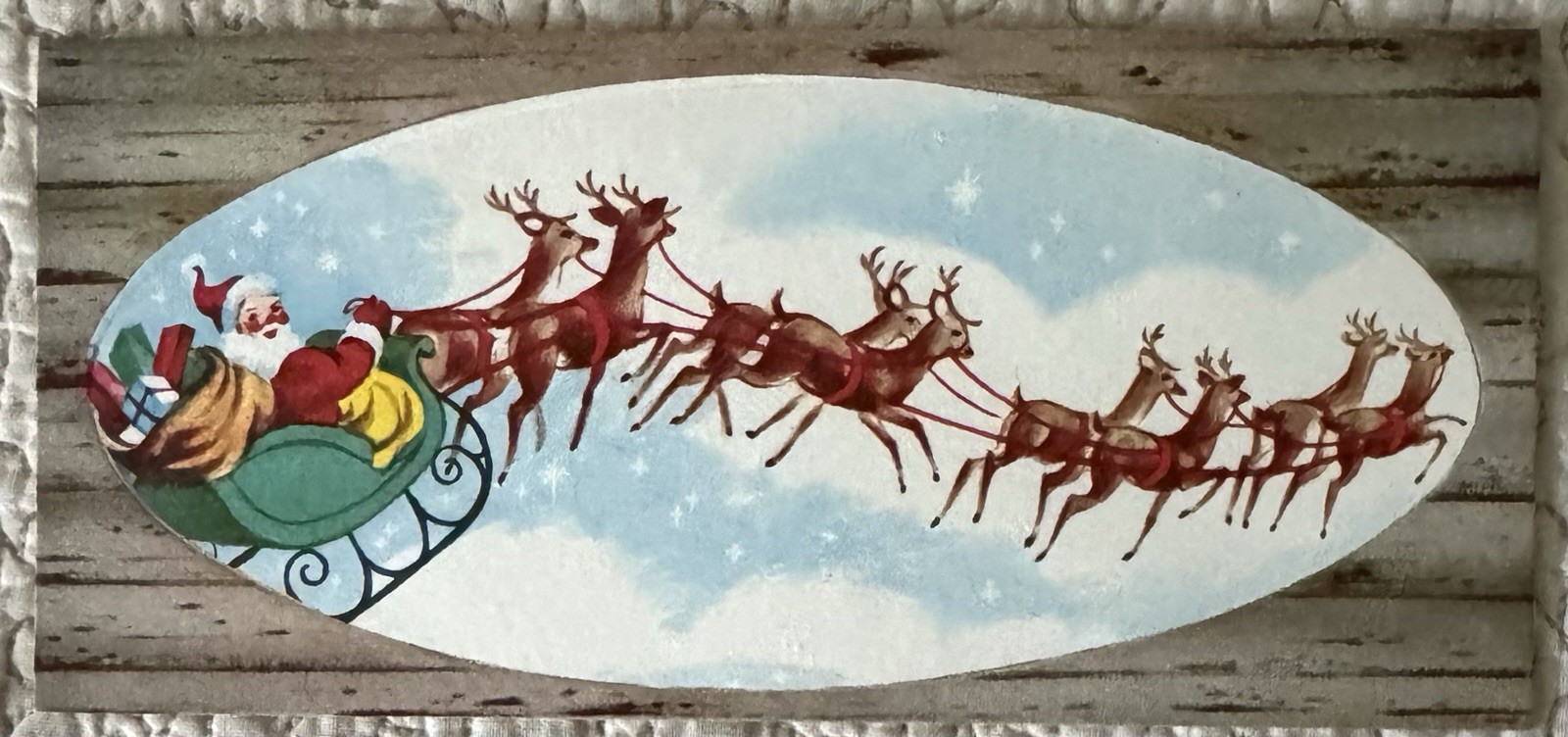 Unused Christmas Santa Reindeer Deer Sky Wood Look Vtg Greeting Card 1950s 1960s