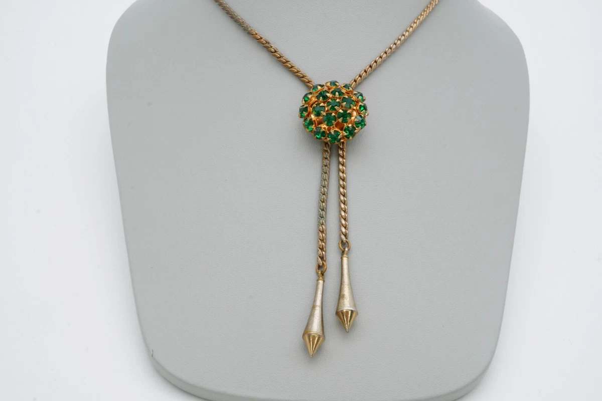 Vintage Lariat Necklace Gold Tone Green Rhinestone 19