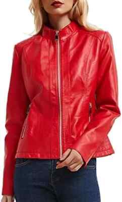 New Red Leather Jacket Women's 100% Authentic Lambskin Soft Fit Front Zip Casual