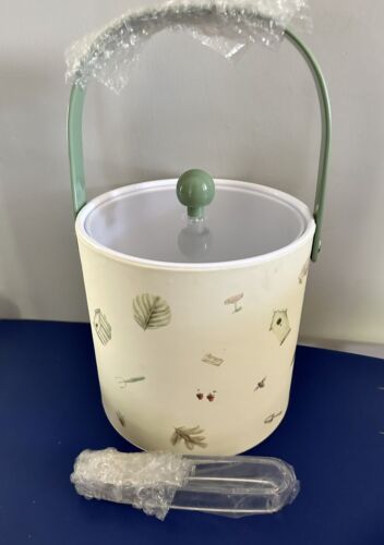 Ice Bucket Vinyl Plastic Garden Print Tongs Lid Barware Retro Green Off-White
