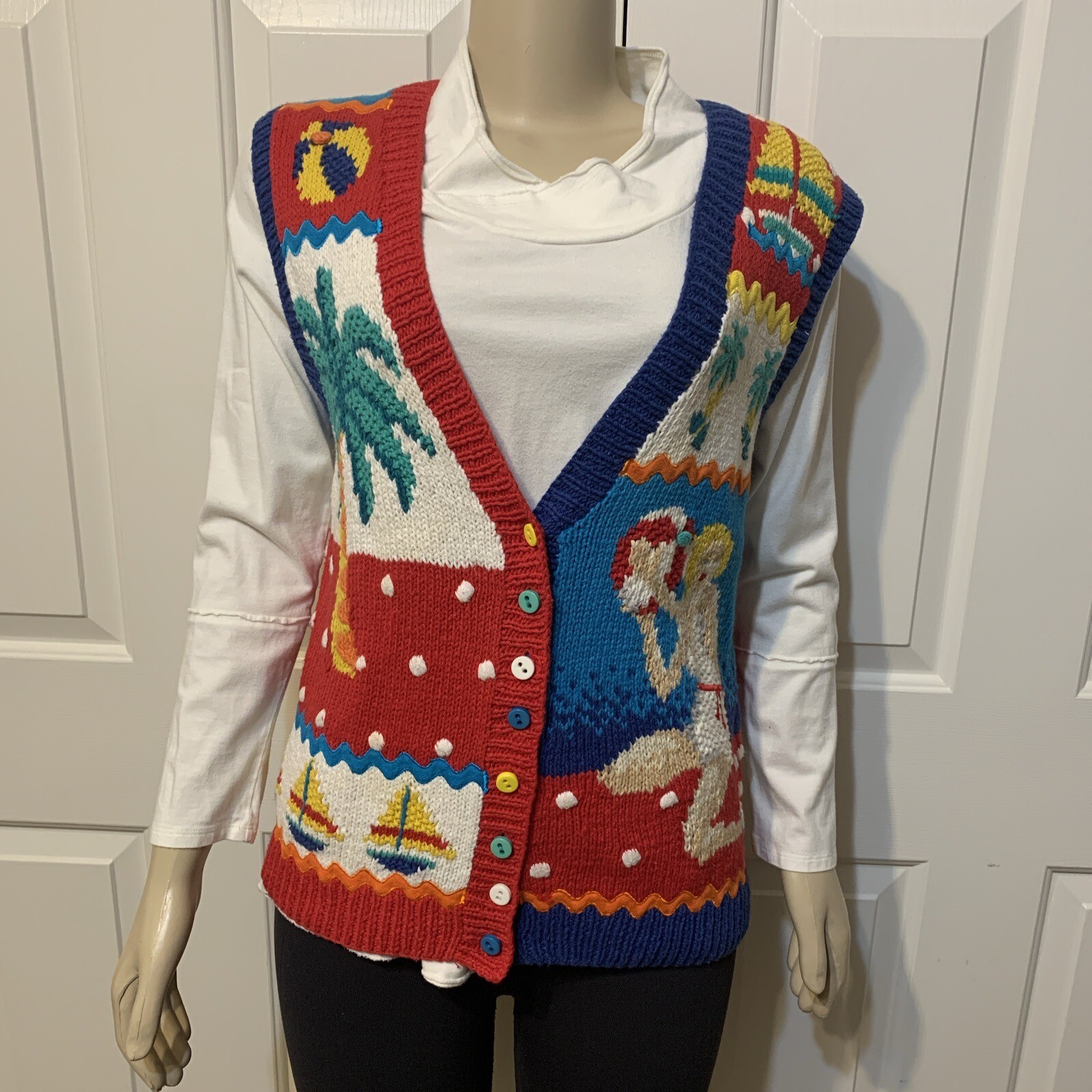 Vintage Marisa Christina Hand Knitted Sweater Vest Small Red Beach Fun