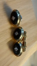 VINTAGE 3 Pc ANSON GOLD TONE CUFF LINKS Pin BLACK ONYX DIAMOND CHIPS