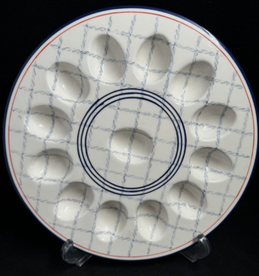 Paula Deen Ahoy Mate Fishnet Blue Red Rim Band White Deviled Egg Serving 11.5 