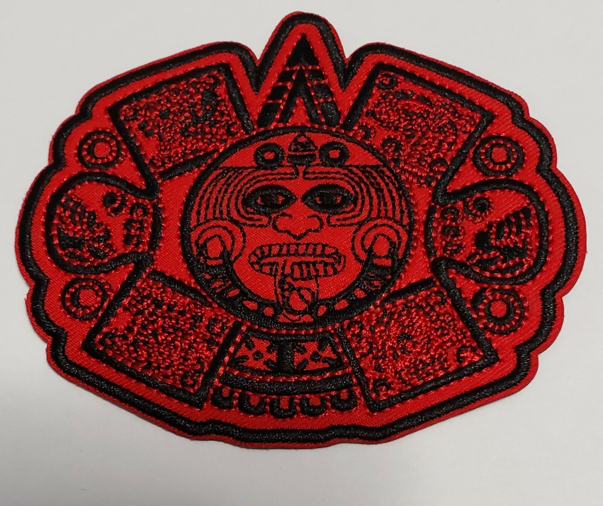 CHICANO MEXICANO BLACK AND RED CALIFAS CALENDAR PATCH AZTEC SUN