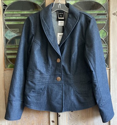 VIEW BY WALTER (QVC) Blue Denim Blazer Jacket Stretchy Herringbone Stripe NWT