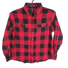Mens George Red  Black Plaid Flannel Shirt Button Down Long Sleeve Size XL