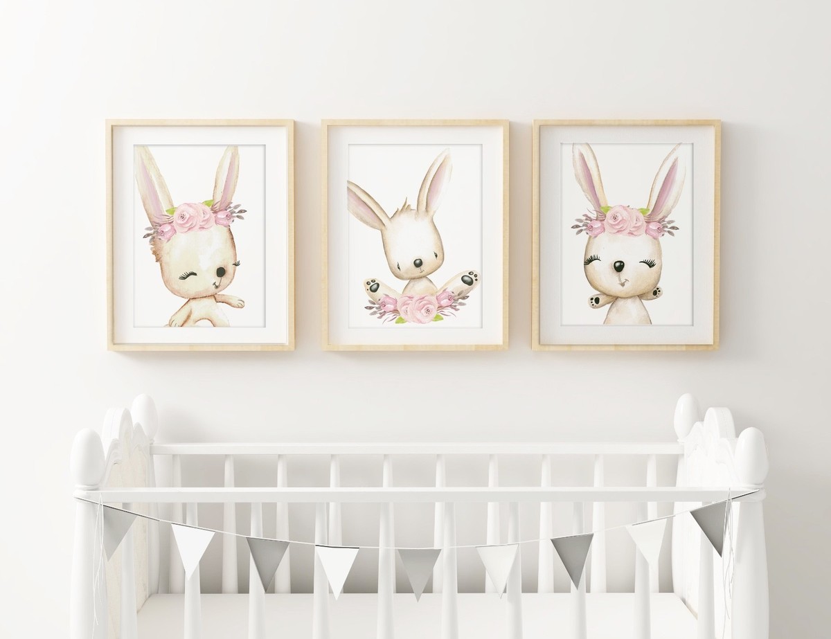 Baby, Girl Nursery Bedroom Wall Art decor Set of three Boho Bunny