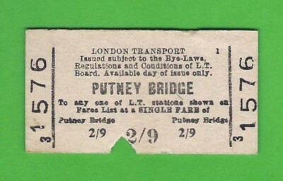 London Transport Railway Ticket - Single Fare 2/9 - Putney Bridge - 1968