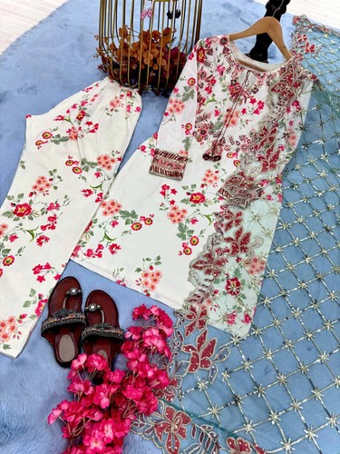 NEW DESIGNER HEAVY PRINTED MODAL SILK PALAZZO SUIT DUPATTA FOR PARTY - Picture 6 of 13