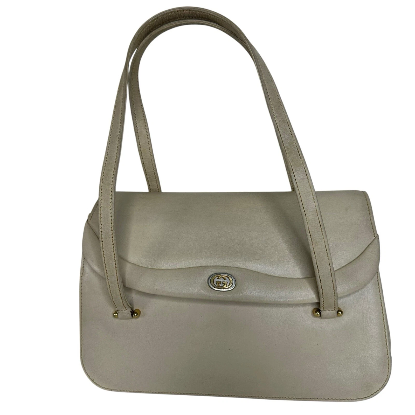 Authentique sac à main Gucci cuir ivoire or fabriqué Italie logo cuir double G