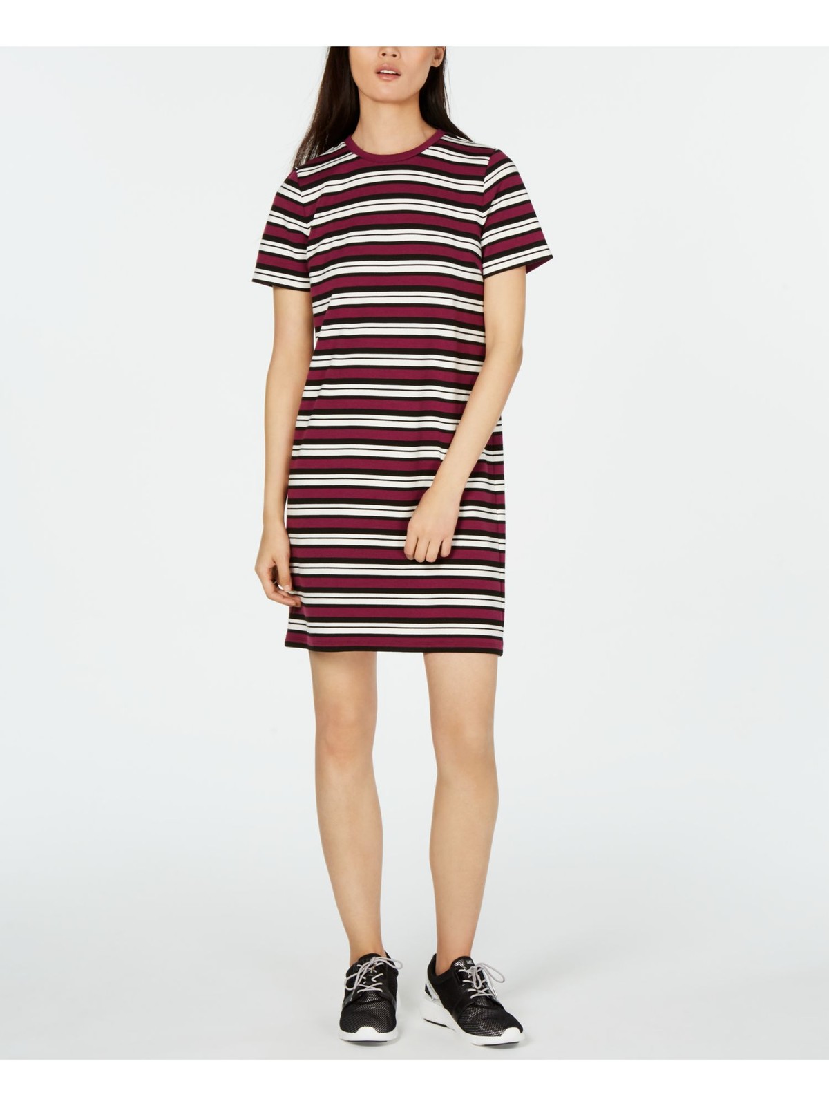 MICHAEL KORS Womens Burgundy Striped Crew Neck Above The Knee Shift Dress 2XS