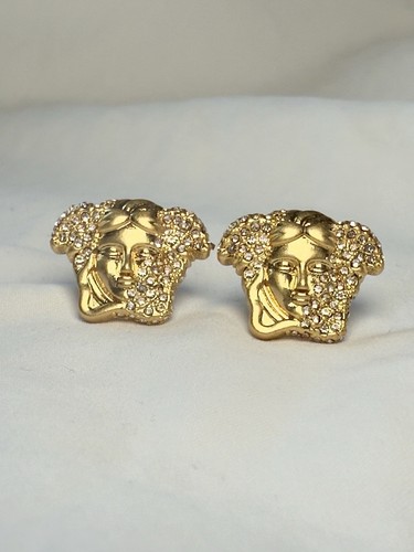 Versace Medusa Head Stud Earrings Crystal Gold Colour No Box Costume Jewellery
