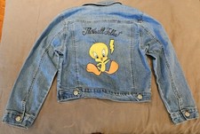 Girls Sz 7/8 Looney Tunes Tweety Bird That's All Folks Blue Denim Stretch Jacket
