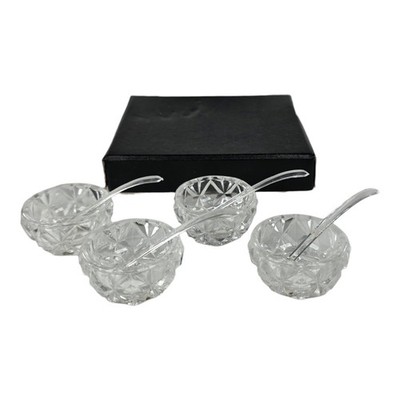 Emson 4 Piece Crystal Vintage Salt Cellars and Plastic Spoons Japan